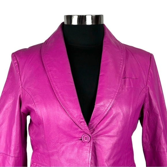 METRO STYLE Y2K HOT PINK LEATHER PUFF SLEEVE TAILORED BARBIE BLAZER JACKET - Picture 8 of 15